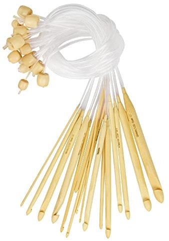 Curtzy Bambus Holz Häkelnadeln mit Kunststoffkabel (16 Paar) - Größen 2-12 mm - Tunesische Häkelnadel Set mit Perlenenden - Für Strickgarn, Webkunst und Häkelprojekte
