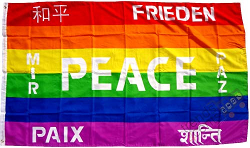 Top Qualität - Flagge PEACE FRIEDENSFAHNE 7 SPRACHEN Schwulenflagge Fahne, 90 x 150 cm, EXTREM REIßFEST, Keine BILLIG-CHINAWARE, Stoffgewicht ca. 100 g/m², sehr robust, extra starke Messing-Ösen