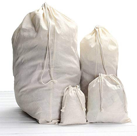 Amoyie 4 pcs Drawstring Storage Bag Set for Baby Stuff, Travel Home Accessories - Beige Solid