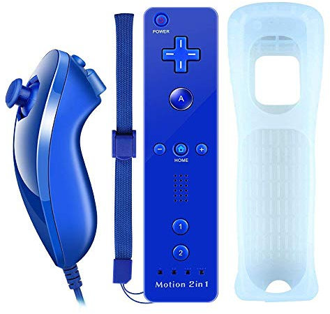 COOLEAD - Mando a Distancia 2 en 1 para Wii y Wii U Motion Plus, Mando a Distancia para Wii y Wii U con Funda de Silicona y Correa de muñeca Azul Azul Oscuro