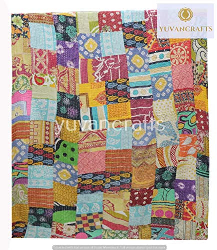 Yuvancrafts Traditionelle Steppdecke für Doppelbett, indische Handarbeit, Patchwork-Design, Kantha-Überwurf, Baumwolle, Kantha-Überwurf, Gudari-Decke, Tagesdecke