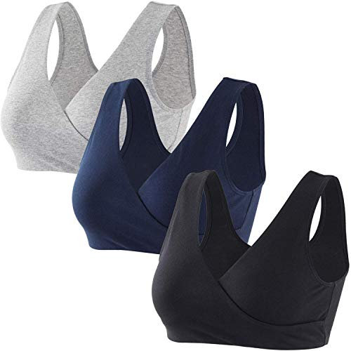 ZUMIY Maternity Nursing Bras, Seamless Maternity Bra for Pregnancy & Breastfeeding, Comfortable Wireless Bra Night Sleep Top (XXL, Black+Grey+Navy blue/3pack)