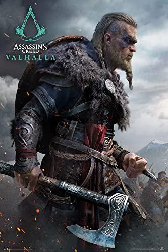 empireposter Assassins Creed - Valhalla Kampf - Games Maxi Poster Druck Poster - Größe 61x91,5 cm + 2 St Posterleisten Holz 61 cm