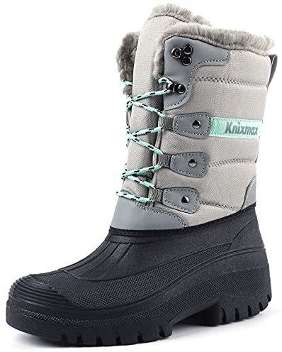 Knixmax Stivali da Neve Stivali Invernali Foderati in Pelliccia Suole Impermeabili Scarpe Calde Stringati Donna Grigio Chiaro 38EU