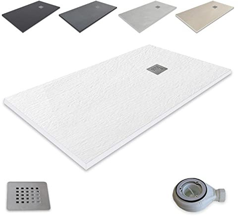 Plato de Ducha Resina Extraplano outletaseo – Todas las medidas disponibles - Antideslizante Textura Pizarra - Incluye Válvula desagüe+Rejilla (120x90, Blanco RAL 9003)
