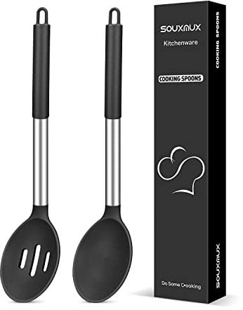 2 Pcs Silicone Cooking Spoons, Solid and Slotted Spoon Set, Non-Stick BPA Free Heat-Resistant Basting Kitchenware for Soup, Serving, Draining, Stirring(Black)