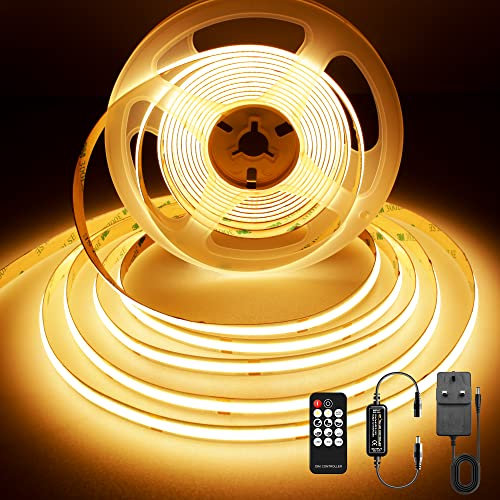 BERIXDEEP COB LED Strip 5m, 480LEDs/M, High Bright Dotless LED Tape with Remote and Power Supply, DC24V, CRI>92, 8mm Width, Warm White LED Strip Lights for Bedroom, 2700K