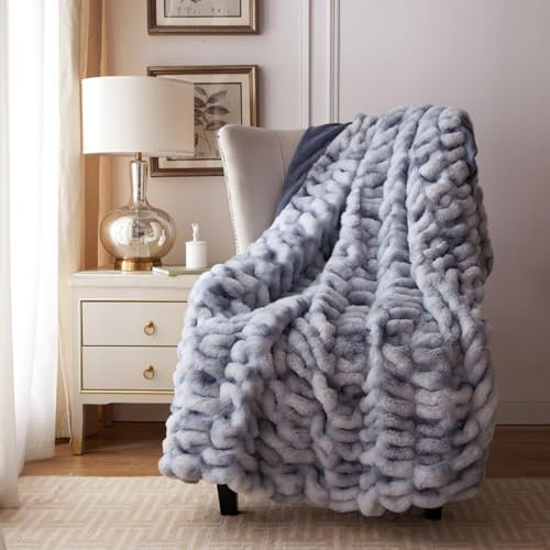Fouriding Kunstpelz Fleece Decke - Winter Weiche Warme Blase für Bett Sofa Casual Bettdecke (Blau, 150×200CM)