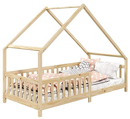 IDIMEX Hausbett CORA aus massiver Kiefer, Montessori Bett in 90 x 200 cm, Kinderbett mit Rausfallschutz und Dach
