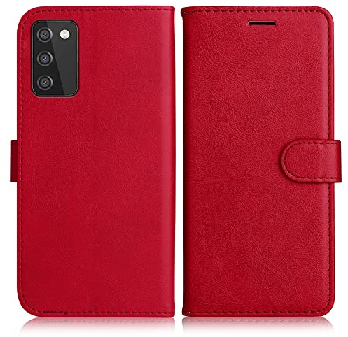 DENDICO Hülle für Galaxy A02S, PU Leder Brieftasche Handyhülle, Flip Tasche TPU Schutzhülle mit Kartenfach für Samsung Galaxy A02S, Rot