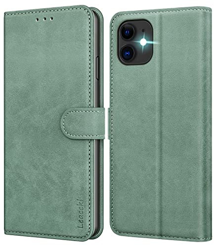 Leacckl for iPhone 11 Case, Leather Wallet Case, Flip Case with Card Holder and Magnetic Buckle, Green
