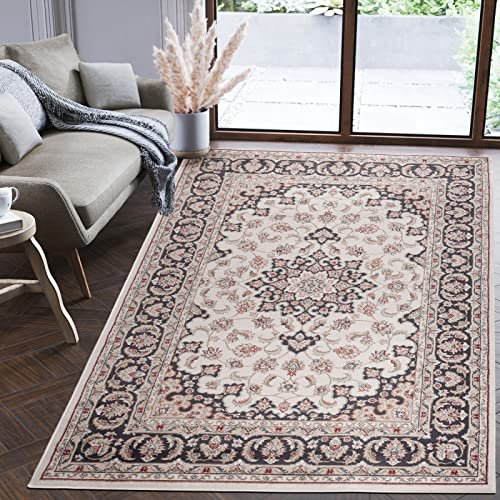Mazovia Orientalisch Teppich - Traditioneller Teppich für Wohnzimmer, Esszimmer - Orient Teppiche Ornament - ÖKO-TEX Wohnzimmerteppich Beige Schwarz - 120 x 170 cm