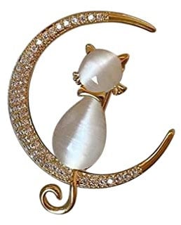 Broche bijou Chat sur croissant de lune, acier doré et strass cristal.