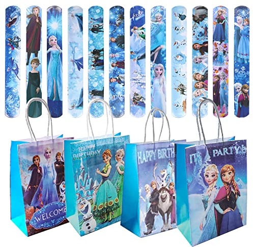 Frozen Party Mitgebsel, 12 Geschenk Taschen Geburtstag mit 12 Party Klatschen Armband, Frozen Kindergeburtstag Geschenke Set, Slap Bands, für Jungen Mädchen Gast Geschenk, Preise Schulen