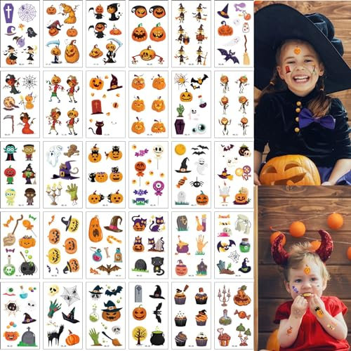Halloween Tattoo Kinder, 30 Blätter Halloween Tattoos,Kindertattoos Aufkleber,Halloween Tattoo Kinder,Kindertattoo Halloween,Halloween Temporärer Tattoo Aufkleber,Halloween Tattoo Gesicht Kinder