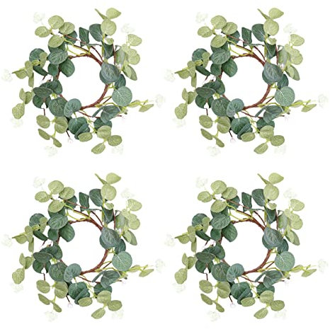 LEMCC 4 Stück Weihnachtskerzenkranz, Künstliche Eukalyptus-Kerzenringe, Kränze, Weihnachtskranz, Kerzenhalter, Weihnachtskerzengirlande, Blumenring für Fenster, Hochzeit, Tisch, Party, Zuhause(#1)