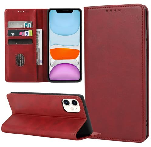ZYIMOU Handyhülle für iPhone 11 Hülle, Leder Schutzhülle Standfunktion Kartenfach Wallet Klapphülle iPhone 11 Flip Case Cover, Rot