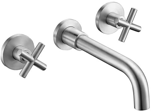 VALAZ Wasserhahn Bad Unterputz Stahl Gebürsteter PVD-Schutz | Waschbecken Zweigriff, Warm und Kaltwassermischer, Wassersparer | Schnelle Installation | Brass, Stainless, Auslauf 21cm, Nalon-serie