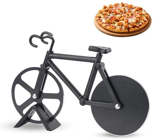 Couteau à pizza pour vélo Couteau à pizza en acier inoxydable Couteau à pizza avec support Ustensiles de cuisine amusants Accessoires pour pizza Cadeau Noir