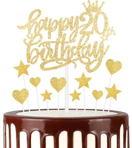 mciskin Gold Happy 20th Birthday Cake Toppers for Cake, Girls 20th Birthday Decorations,Personalised Cake Toppers for Girls,Glitter 20 Cake Topper Cupcake Topper for Party Cake Decoration