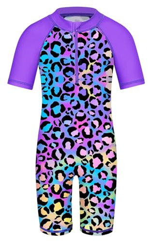 HUAANIUE Filles Maillot de Bain 1 Pièce 2-12 Ans, Anti-UV UPF 50+ Manches Courtes, Fermeture Éclair Frontale, Imprimés Colorés, Idéal pour Plage et Piscine (S408-Léopard Violet, 6-8 Ans)
