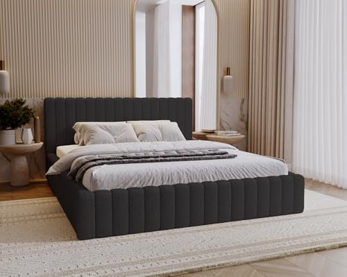 Emporius Billo Polsterbett 180x200cm - mit Lattenrost, Stauraum, Bettzeugkasten, Kopfteil - Bettgestell, Rahmen - Doppelbett - Schlafzimmer, Jugendzimmer - Boucle Schwarz