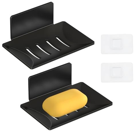 ZSMJAER 2 Stück Selbstklebende Seifenhalter, Seifenablage mit Abfluss, Seifenhalter ohne Bohren, Geeignet für Bäder, Küchen, Theken, Duschen (Schwarz)