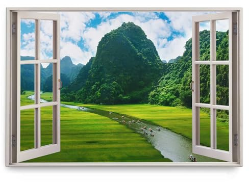 Paul Sinus Wandbild 120x80cm Fensterbild Vietnam Landschaft Fluss Reisfelder Natur Berge