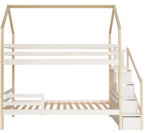 DaMga Kinderbett 90x200 Etagenbett für 2 Kinder, Hausbett mit Schubladen, Holzbett Hochbett mit Rausfallschutz, Bett mit Lattenrost, Ohne Matratze, Weiß