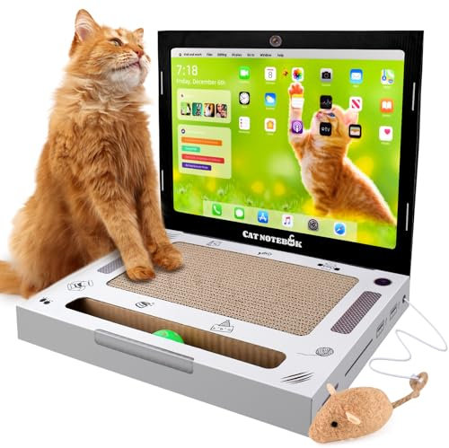 Cardboard Cat Scratcher Laptop, 3-in-1 Cat Toys with Plush Mouse & Jingle Ball, Foldable Scratchpad Pro Pad Cat Toys for Indoor Cats