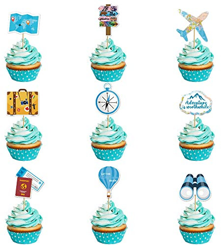 27 Pcs Travel Themed Cupcake Toppers Airplane Map Let the Adventure Begin Cake Toppers for Travel Themed Birthday Retirement Graduation Job Career Change Moving Away Baby Shower Party Supplies
