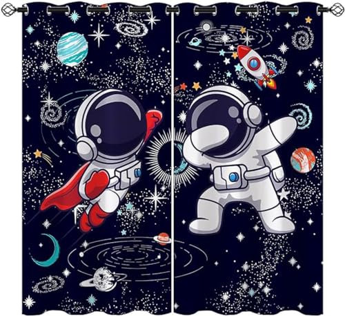 ZZTBQ Weltraum, Astronaut & Raketen Verdunkelungsvorhang Für Kinderzimmer Universum Planet Rakete Blau Gardinen Blickdichter 2er Set Vorhang Verdunkelung mit Ösen 150x166cm
