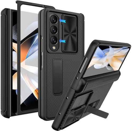 Miimall for Samsung Galaxy Z Fold 4 Case, Hard Phone Bumper with [Hinge Protection] [Slide Camera Cover] [Screen Protector] [Kickstand] Rugged Heavy-Duty 360° Full Coverage Cover for Z Fold 4, Black