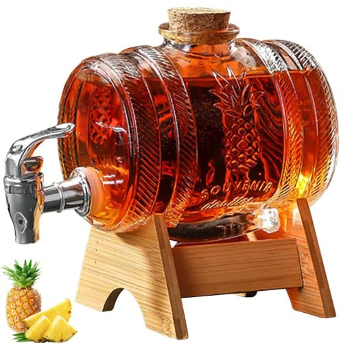Whiskey Decanter Set with Tap and Wooden Stand - Glass Beverage Barrel Dispenser - Drinks Dispenser Glass Barrel