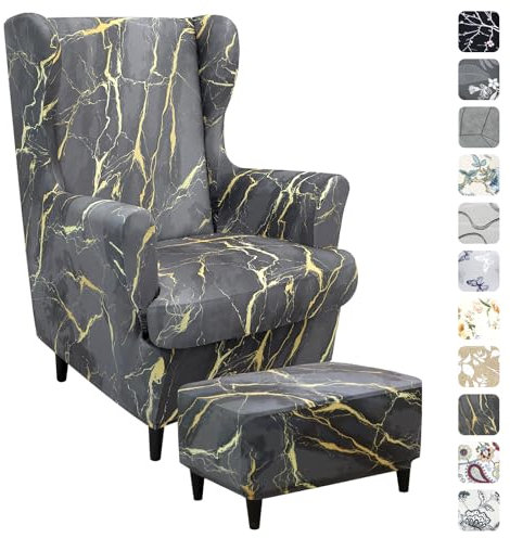 Alishomtll 3 Teilig Ohrensessel Überzug Mit Ottomane Schonbezug Stretch Sessel-Überwürfe Elastisch Sesselhusse Strandmon Tiger Stuhlbezug mit Armlehne Hohe Rückenlehne Universal (Grau Gold Marmor)