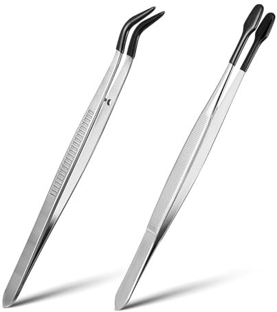 Lot de 2 pinces à épiler longues en plastique - Avec pointes en caoutchouc et revêtement en PVC - Pinces plates, antidérapantes, courbées et coudées - Pour réparation et bijoux (noir)