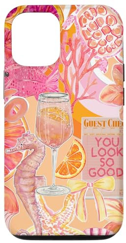Coque pour iPhone 12/12 Pro Preppy Collage Coquette d'été et cocktail Rose Orange