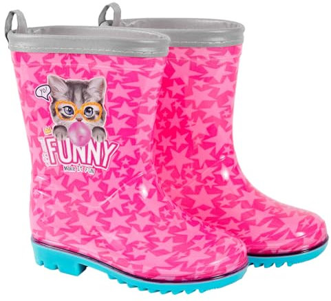 PERLETTI Stivaletti Pioggia Bambina Rosa con Gattino - Stivali Impermeabili Bordo Catarifrangente con Suola Antiscivolo - Scarponcini Fango Neve Bambine Scuola Materna - Cool Kids (Gatto, 26/27)