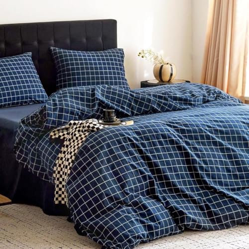 Lanqinglv Bettwäsche 220x240 cm Kariert Marineblau Weiß,Geometrisch Wendebettwäsche ÖKO-TEX Bettwäsche-Sets Bettbezug mit Reißverschluss und 2 Kissenbezug 80x80 cm