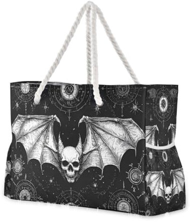 voucong Evil Skull schwarze Gothic-Tasche mit Reißverschluss, wasserdicht, sanddicht, mit Seitentaschen, große Strandtasche für Reisen, Fitnessstudio, Urlaub, Evil Skull Black Gothic, 1 size