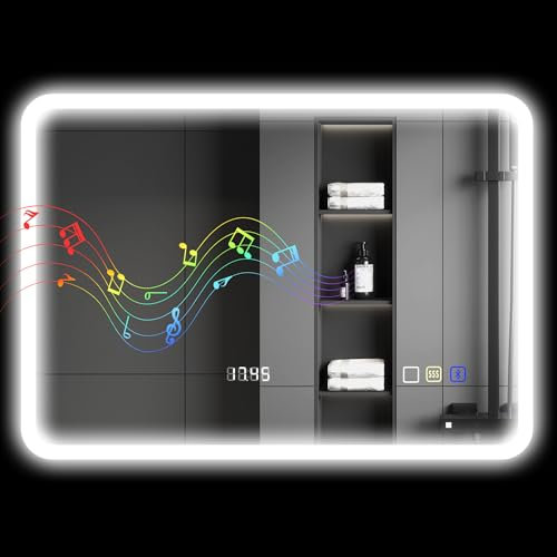HOMCOM Espejo de Baño con Luz LED Bluetooth 70x50 cm Espejo de Pared con 3 Colores de Luz Reloj Digital Función Antivaho Función de Memoria Interruptor Táctil IP44