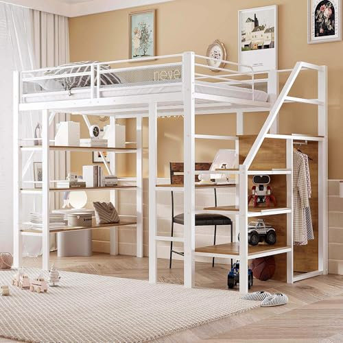 HYUB Hochbett Metallbett 140x200 cm mit Schreibtisch und Kleiderschrank, Etagenbett mit Treppe und Stauraum, Bettgestell mit Lattenrost, Bett für Erwachsene Jugendliche und Kinder, Weiß