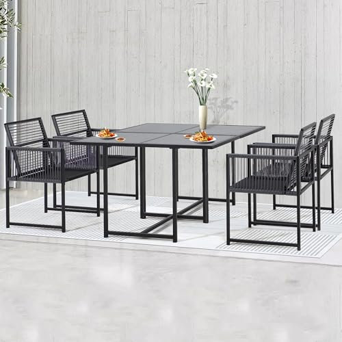 EROMMY 6-Piece Patio Dining Set – PE Rattan Chairs with Folding Backrest & Tempered Glass Tabletop, Outdoor Bistro Set for Small Garden, Balcony, Poolside (Dark Gray)