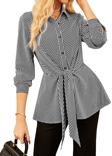 GRACE KARIN Women's Elegant Striped Shirt Long Sleeve Button Down Tops Casual Lapel Collar Belted Peplum Blouse Black XL