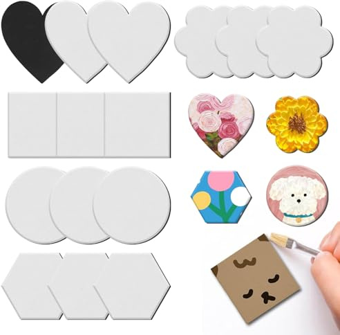 15Pcs Kühlschrankmagnet Mini Leinwand Set zum Bemalen Kleine Leinwände | Herz & Runde Leinwand,zum Bemalen,Personalisierbar,Öl & Acrylfarben,Künstler-Malkarton,Mehrere Formen
