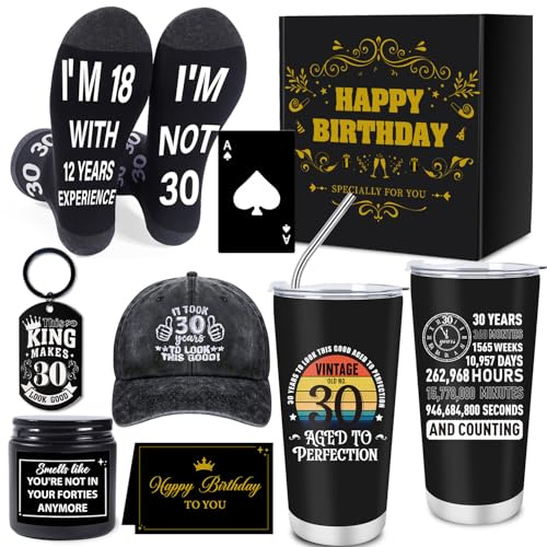 Luvart 30th Birthday Gifts for Men - 7Pcs 30 Years Old Mens Birthday Gifts Ideas, 20oz Travel Mug, Funny Socks, Baseball Cap,Keyring, Bottle Opener, Candle, 30th Presents for Dad Husband Uncle Boss