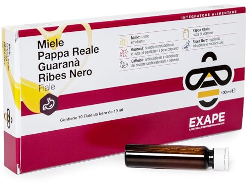 EXAPE - GUARANA' e RIBES NERO - Integratore Energetico con MIELE 50% e PAPPA REALE FRESCA. Combatte la Stanchezza, Stimola il Metabolismo, 10 flaconcini da 10 ml