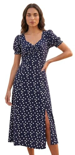 Roman Floral Print Dress for Women UK Ladies Sweetheart Neck Ruched Midi Maxi Long Length Short Sleeve Flattering Casual Summer Spring Party Evening Going Out - Navy Ivory - Size 18