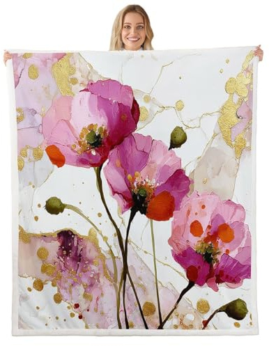 Manfei Rose Pink Poppy Throw Blankets,Watercolor Floral Fleece Blanket,Kids Girls Boys Adult Gold Marbling Fuzzy Blankets Luxurious Art Sherpa Blanket Chair Sofa Bed Decor,30×40