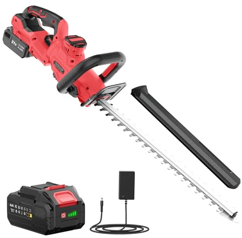 Tagliasiepi a Batteria 21V, Tagliasiepi Elettrico con 4.0Ah Batteria, 180° Regolabile Tagliasiepi, 51cm Lunghezza Lama, 16mm Distanza tra i Denti, Copri Lama per Siepi, Rami, Arbusti, Ramoscelli